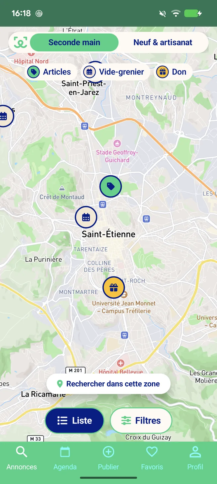 La carte de l'appli valoca à Saint-Étienne, avec les annonces regroupées en marqueurs